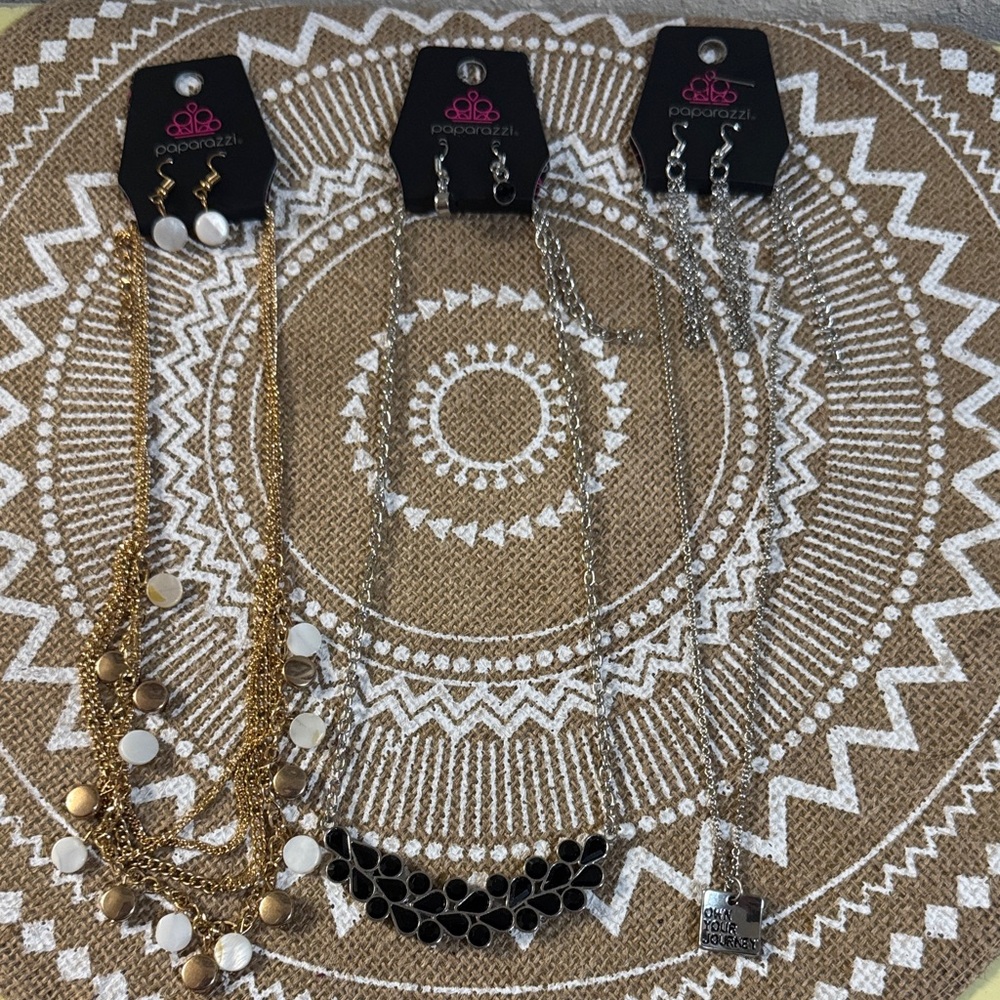 Set of 3 Paparazzi Gold and Silver Necklace Sets with earrings-adjustable chains